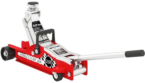 HOMCOM Hydraulic Low Profile Floor Jack, 2.5 Tonne Heavy Duty Steel Trolley Car Jack Lift with 80-360 mm Lifting Range, Wheels, Top Handle, Red