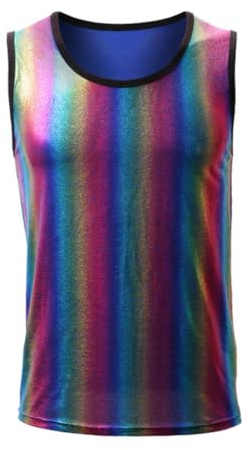 Men's Shiny Metallic Tanks Short Sleeve Crew Neck Rainbow Vest Clubwear | 70s 80s Disco PVC Leather Muscle Top, Slim Fit Casual Pullovers for Party Festival Dance Nightclub Stage Costume