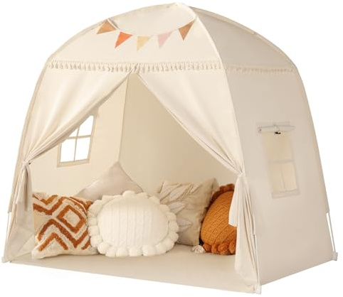 Grande Tente Tipi pour Enfants : avec Drapeaux Tente pour Enfants Garçons et Filles Maison de Jeu Intérieure Auvent lit pour Salle de Jeux Cadeau Jouet (Crème)
