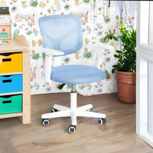 FurnitureR Sedia da ufficio per bambini, sedia da computer per giovani/adolescenti con rete traspirante, girevole sedia da studio regolabile in altezza con braccioli, rosa, 50 x 53 x 87 cm