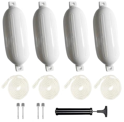 RATSTONE Fender båt, båtfender, 4-delat stänkskyddsset (med stänkskärmsledningar), inklusive pump, fyra luftbultar, antikollisionsskydd, lämplig för båtar och yachthamnar från 3 till 6 meter (vit)
