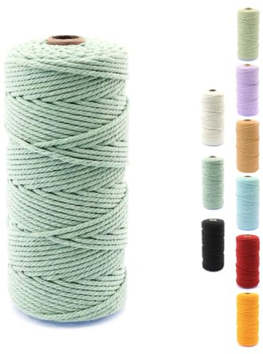 Hausio Filato macramè, 3 mm, 100 m, corda di cotone naturale, corda di cotone, filato a corde, 4 pezzi, filo decorativo, spago, perfetto per lavori artistici fai da te (verde chiaro, 1 pezzo)