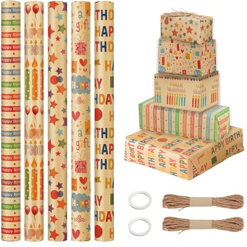 CAAGGMM Presentpapper födelsedag, 5 stycken 43 x 300 cm kraftpapper, förpackningspapper med kraftband och dubbelsidig tejp, blandat mönster omslagspapper, för pojkar och flickor, brun