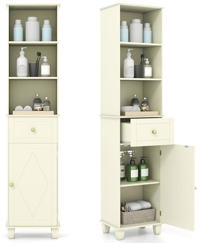COSTWAY Bathroom Tall Cabinet, 172cm High Slim Bathroom Storage Unit with Drawer, Door and Open/Adjustable Shelves, Wooden Freestanding Narrow Floor Cupboard for Living Room Kitchen (Beige)