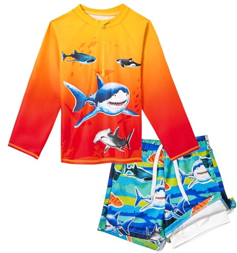 WAWSAM Uv Badebekleidung Junge Zweiteilig Langarm Schwimmshirt Badeshirt und Badehose Kinder Schnelltrocknende Badeanzug Set für 3-8 Jahre