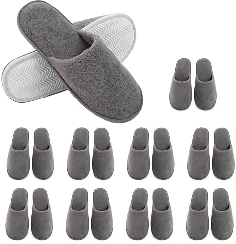 YOZAIUUI Hotel Slippers for Guests - 10 Pairs Disposable Pack | Closed Toe Soft Coral Fleece Spa Footwear with Non Slip EVA Soles for Women Men Home and Travel