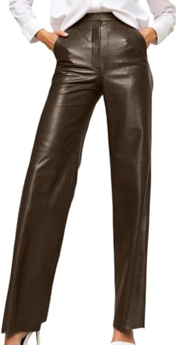 Pantaloni in pelle da donna, taglio dritto, in pelle, a gamba larga, in ecopelle, a vita alta, dritta, in pelle, elasticizzati, in pelle opaca, slim fit, O marrone, XS