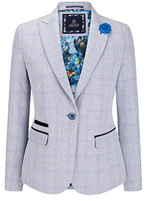 House Of Cavani Women Check Blazer Wool Blend Herringbone Tweed Brown Vintage - Blue 18