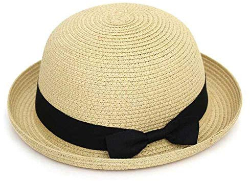 AIMICONG Sombrero Sombreros De Sol De Verano Simples Sombrero De Panamá Informal para Mujer Dama para Mujer Sombrero De Paja Plano con Borde Redondo Bowknot A
