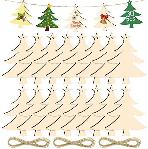 30pcs Wooden Ornaments, DIY Wood Pendants with String for Xmas Tree Decorations & Christmas Craft Supplies