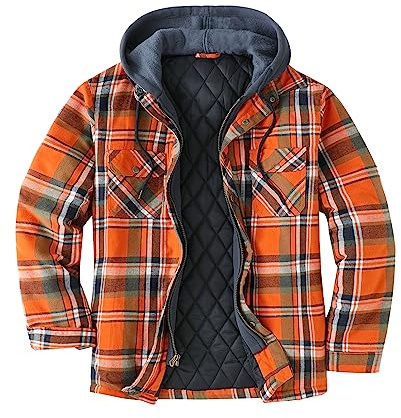 ZENTHACE Veste chemise épaisse à capuche en flanelle à carreaux pour homme avec doublure matelassée, fermeture éclair et bouton-pression, Orange Plaid, XX-Large
