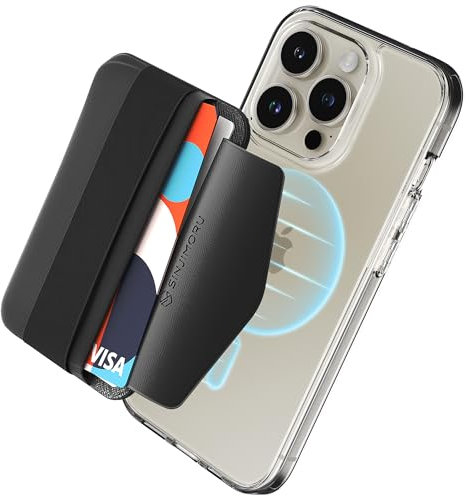 Sinjimoru Magnetischer Kartenhalter mit elastischem Fingerhalter, Handy Kartenetui mit weichem Band kompatibel mit MagSafe Wallet für iPhone 16, 15, 14, 13 & 12 Reihe. M-Band Schwarz