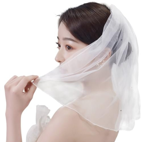 YOFASEN Brautschleier Kurz - Frauen Weißer Schleier Perlenschleier mit Kamm, Weiß Kurze Braut Schleier für JGA, Halloween, Bräute, Dusche, Junggesellinnenabschied, Hochzeit, Weiß