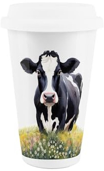 Friesian Cow Ceramic Travel Mug - Black & White Cow Floral Field Reusable Silicone Lid Double-Walled Insulated Hot/Cold Drinks Tea Coffee Gift Mug