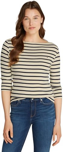 Tommy Hilfiger Damen Langarmshirt New Cody Slim U-Boot-Ausschnitt, Mehrfarbig (Fine STP Country Ivory/Drk N Navy), M