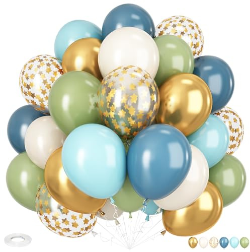 Green Blue Gold Balloons, 12 Inch Dusty Blue and Sage Green Balloons Set, Teal Blue and White Sand Balloon Metallic Gold Star Confetti Balloon for Girls Boho Birthday Baby Shower Wedding Party Decor