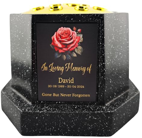 1stclassgifts Personalised Printed White or Black Memorial Rose Bowl Grave Marker Flower Pot Vase Rose Design (UV PRINTED) (Black, Gold Lid/Black Plate)