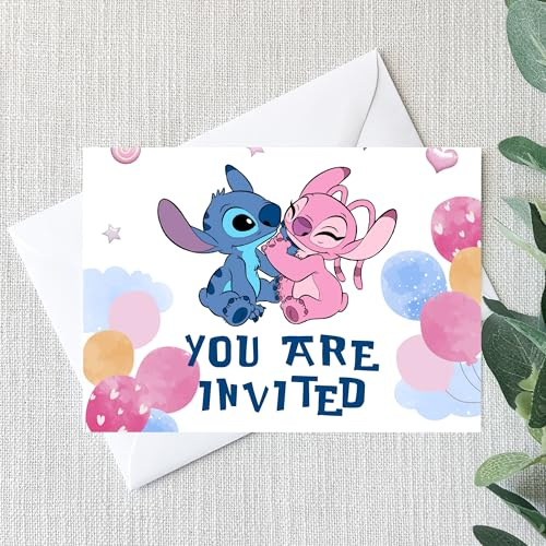 Smith Bros Printers 1898 Stitch A6 Two Sided Invitations (WRITE ON) Birthday Party Invites (Pack of 24 & Envelopes and 24 'Thanks For Coming To My Party' 30mm Stickers)