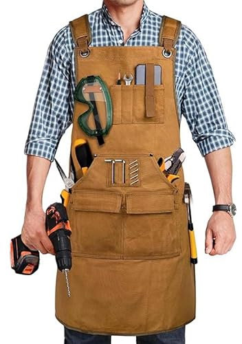 Heavy Duty Leather Welding Apron - Adjustable, Welder Accessories with Multiple Pockets, Waterproof Canvas Tool Apron for Blacksmithing, Pottery & Gardening, Workday Essential (Camel)