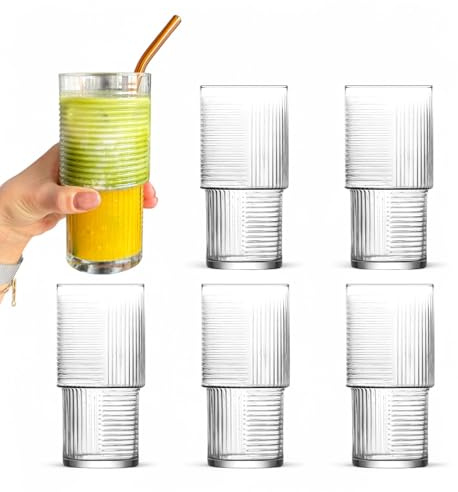 vienberg Set di 6 bicchieri da matcha, 400 ml, vetro a coste con motivo geometrico, bicchiere per bevande analcoliche matcha, bicchieri, impilabili