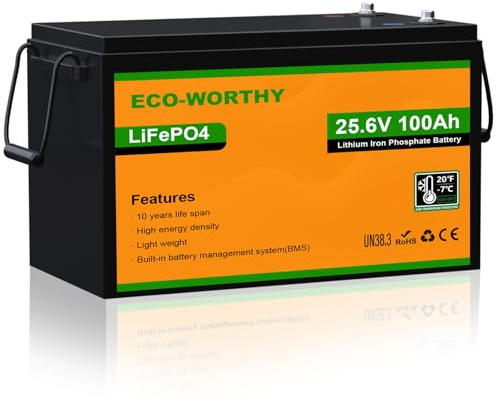 ECO-WORTHY LiFePO4 100 Ah 24 V med BMS-skydd och 4 000 – 15 000 cykler, litiumbatteri 24 V 100 Ah för husbilar, husvagnar, solsystem komplett set