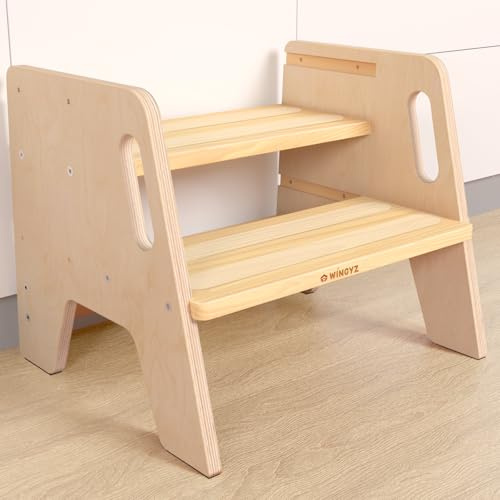 WINGYZ Tritthocker Kinder 2 Stufen aus Holz Zweistufiger Hocker mit 3 verstellbaren Höhen, 2 Griffen & Anti-Rutsch Pads, tragbar Kinderhocker für Badezimmer, Küche & Waschbecken ab 2 Jahren(Natur)