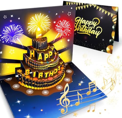 Carte Anniversaire avec Musique et Lumière, Carte Pop Up 3D Gâteau avec Bougie LED à Souffler & Feu d'Artifice, Joue Joyeux Anniversaire, Autocollants Chiffres Inclus, Cadeau pour Elle Lui, Femme