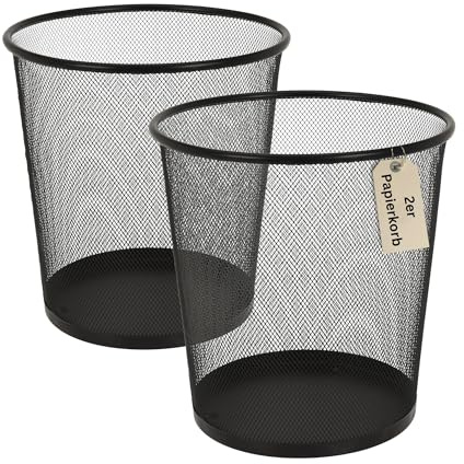 Metall Papierkorb 2er-Set aus Drahtgeflecht – Rund, 28 cm Höhe & 26,5 cm Durchmesser – Stabiler Mülleimer für Büro, Home-Office & Haushalt – Schwarz & HLKauf-Block