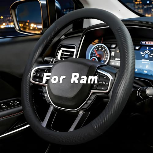 Noplkdss Steering Wheel Cover for Dodge Ram 1500, Ram 2500, Ram 3500, Fit 15.5-16 Wheels (Black-Half Carbon Fiber)
