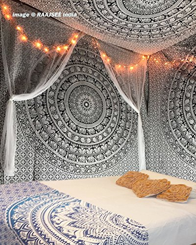 raajsee Black & White Walking Elephant Mandala Tapestry Wall Hanging, Indian Cotton Beach Throw Blanket, Hippie Elephant Queen Boho Decor 210x220cm