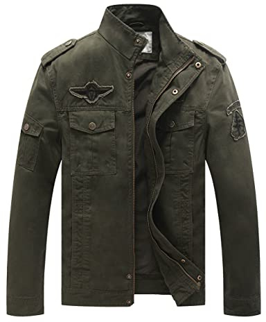 WenVen Chaqueta Militar Otoño Chaqueta de Algodón Clásica al Aire Libre Cazadora Aviador Ligera Entretiempo Chaqueta Cuello Alto Sahariana Invierno Hombre Verde Militar Large