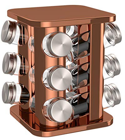 bonVIVO Rotating Spice Rack 12 Glass Jars with Lids & Labels – Stainless Steel Copper Finish Herb & Spice Organiser for Kitchen Countertop or Cupboard Storage – Stylish Cooking Gift Set