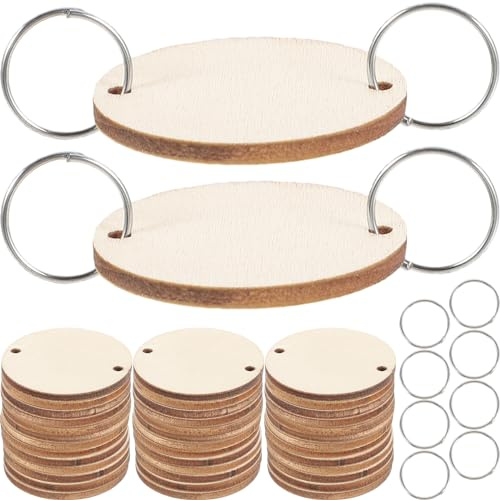 Round Wooden Slices: Wooden Circle Discs Birthday Reminder Hanging Calendar Tags for Crafts Wood Discs 50 Wood Rounds and 50 Key Rings for Christmas Birthday Board Tags Homemade DIY Arts Crafts