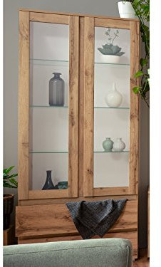 möbelando Vitrine Beistellschrank Holzvitrine Standvitrine Vitrinenschrank Ravenna I Honig-Eiche