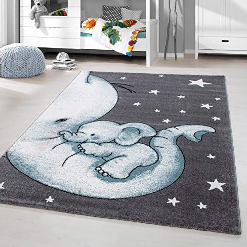 HomebyHome Kinderteppich Blau 80x150 cm Elefantenmuster Läufer Jungen Kurzflor Extra Weich Antiallergen für Kinderzimmer und Babyzimmer
