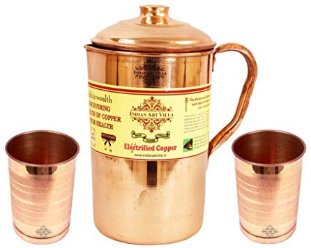 IndianArtVilla Lot de 3 pichets en cuivre avec 2 gobelets en verre, service et boisson, 3 pièces