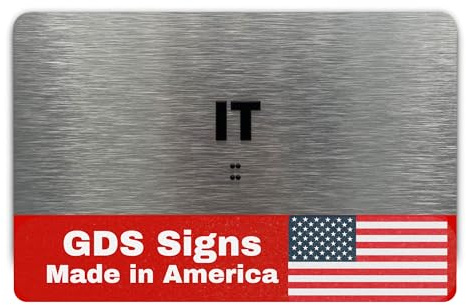 IT (Informational Technology)Sign by GDS - ADA Compliant/Raised Icons & Grade 2 Braille - With Adhesive Strips for Easy Installation - Signs for Businesses - 7W x 4H (Brushed Aluminum) - Made in USA