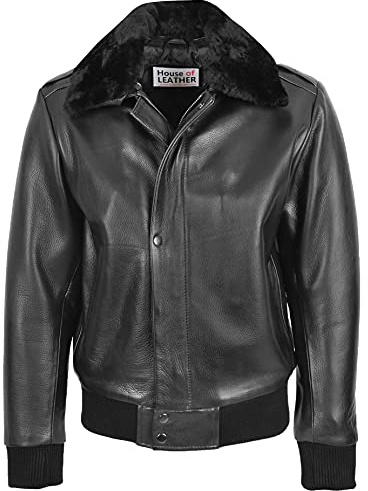 Blouson d'aviateur en cuir avec col amovible pour homme, Noir , S