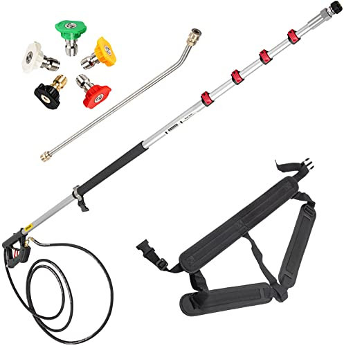 VEVOR Teleskop-Hochdruckreinigerstab, 6,1 m, 5 Abschnitte, Länge verstellbar, max 4000 PSI Fit für 3/8 Schnellanschluss, 5 Sprühdüsen, Gürtel, für Dach, Zaun, Dachrinne, Silber