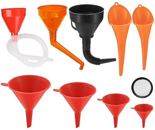 SENENQU 9 Stück Einfülltrichter Set, rechtwinkliges flexibles Kunststoff Trichter Set, Universal Auto Benzin Kraftstoff Trichter mit abnehmbarem Auslauf und langen Trichtern – Rot/Orange/Schwarz