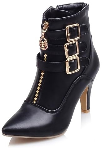 Buckle Ankle Boots for Women Pointed Toe High Heels Booties with Zipper Kitten Heel Shoes Black 11