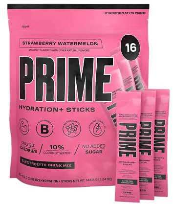 PRIME HYDRATION + Sticks Fraise Pastèque | Bâtonnets de poudre d'hydratation à portion unique | Poudre d'électrolyte en déplacement | Faible teneur en sucre | Sans caféine | Végétalien | 16 bâtonnets