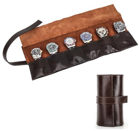 Borsa Porta Orologi in Vera Pelle per 6 Orologi, Organizzatore Portatile di Cinturini per Orologi 6 Slot, Custodia da Viaggio Rotolo per Orologi Fatta a Mano, Sacchetto Pieghevole Multiuso Coffee