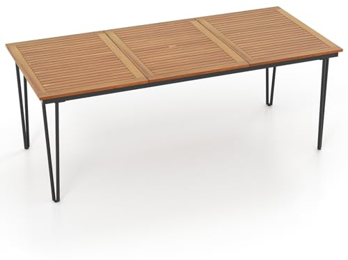 KOMFOTTEU Mesa de Jardín de Madera de Acacia, Mesa de Comedor con Agujero para Sombrilla, Mesas Rectangular para 8 Personas, 200 x 90 x 75 cm, para Terraza, Balcón, Patio (Modelo B)