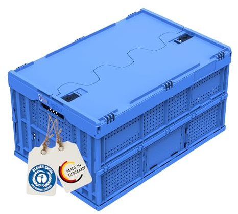 Vikbox – Fällbar låda med lock, vikbar, stabil shoppinglåda, vikbar, transportlåda 60 l, stor, tillverkad i Tyskland, TÜV, förstärkt botten, 60 x 40 x 33 cm, blå