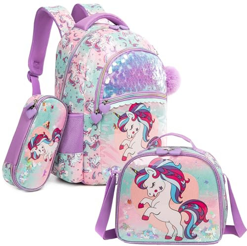 Egchescebo Sac à dos licorne pour filles - 43,2 cm - 3 pièces - Sac d'école de voyage - Valise pour enfants - Bagages pour enfants - Sacs à dos pour fille - Cadeaux d'anniversaire - Sac à déjeuner