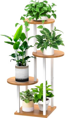 YOCOMEY 4 Tier Hölzern Blumenregal Metall Pflanzenregal, Mehrstöckig Blumenständer Pflanzenständer Blumenbank Blumentreppe Pflanzentreppe Standregal für Innen Außen Balkon Deko (Rund Weiß)