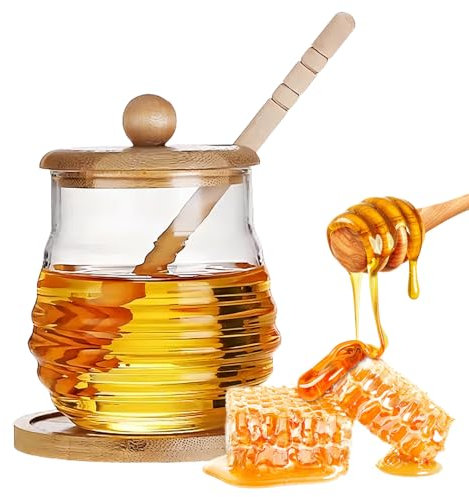 Dzmuero Honigglas, Honigspender, 250 ml Honigtopf mit Löffel, Honigglas mit Honiglöffel, Honigglas mit Holz Deckel, Versiegelter Glasbehälter, Weithals-Honigvorratsglas （12 * 9.5cm）