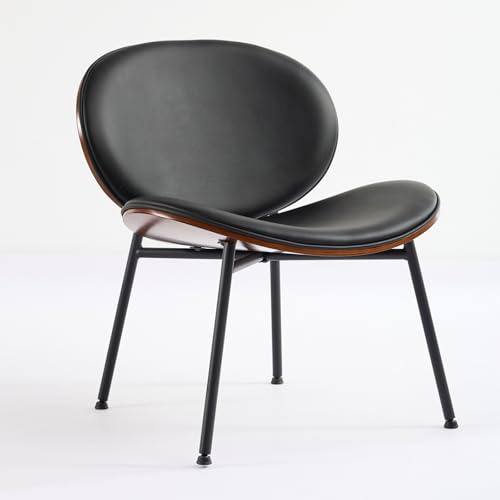 Mid-Century Modern Shell Chair Single Side Chair Tripod Black Leather Lounge Chair in Walnut Finish Comfortable Backrest,Black