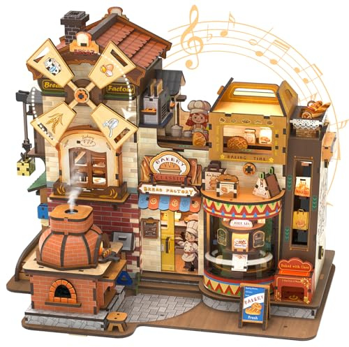 CUTEBEE 3D Wooden Puzzles for Adults - Bread Factory Bakery 576pcs Wooden Mechanical Model DIY Building Kit with Music and Lights, Bookshelf Decor, DIY Craft Gifts for Adults（Bread Factory）